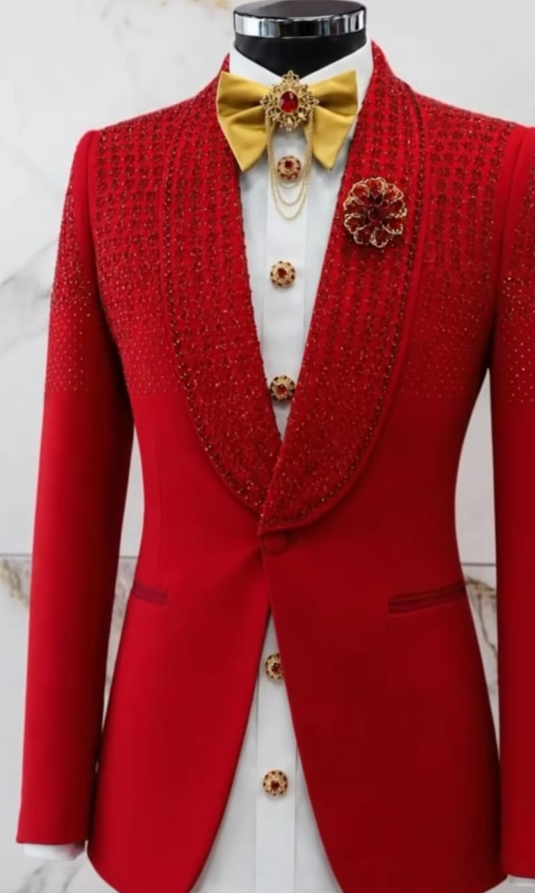 Classic black & red Man 4piece suit with stones cotton fabric